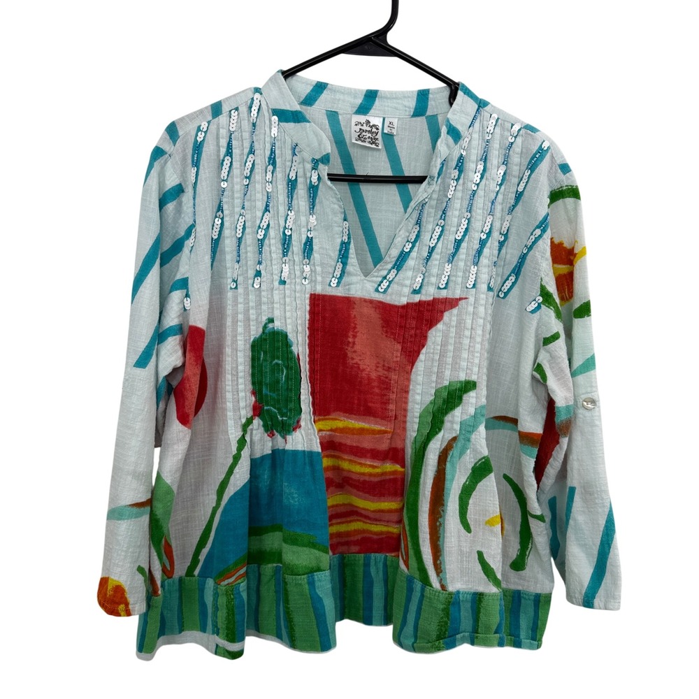 Parsley & Sage Top Womens XL Blue Abstract Print Sequin Pleated Cotton Tunic